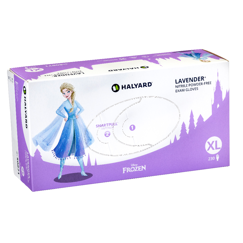 Disney characters bring a playful touch to the dispenser packaging of HALYARD* LAVENDER* and STERLING SG* Nitrile Exam Gloves.