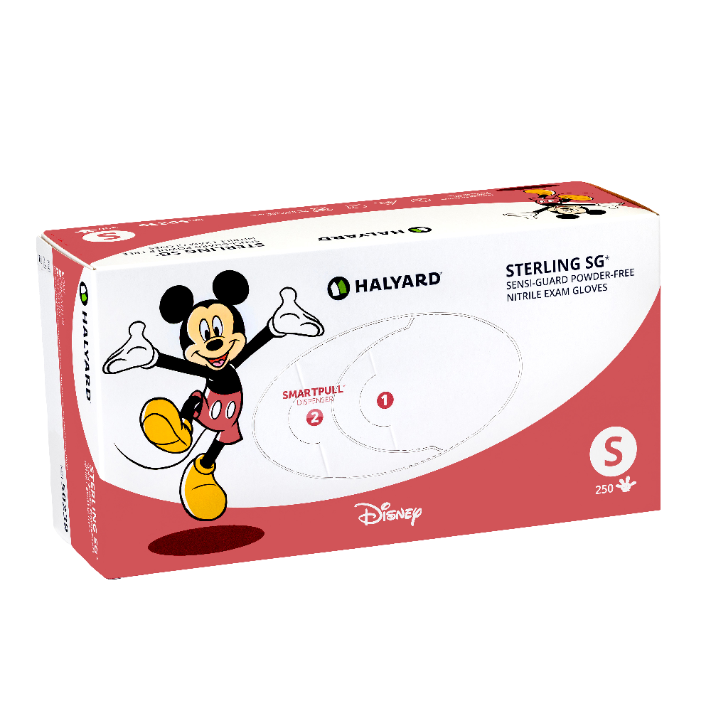 Disney characters bring a playful touch to the dispenser packaging of HALYARD* LAVENDER* and STERLING SG* Nitrile Exam Gloves.