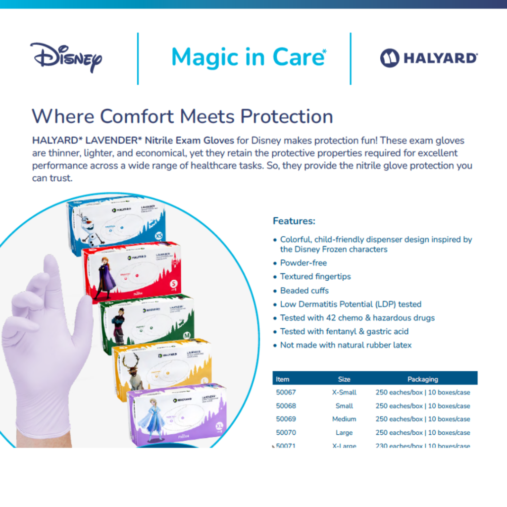 HALYARD* LAVENDER* Nitrile Exam Gloves for Disney makes protection fun! These exam gloves are thinner, lighter, and economical, yet they retain the protective properties required for excellent performance across a wide range of healthcare tasks. So, they provide the nitrile glove protection you can trust.