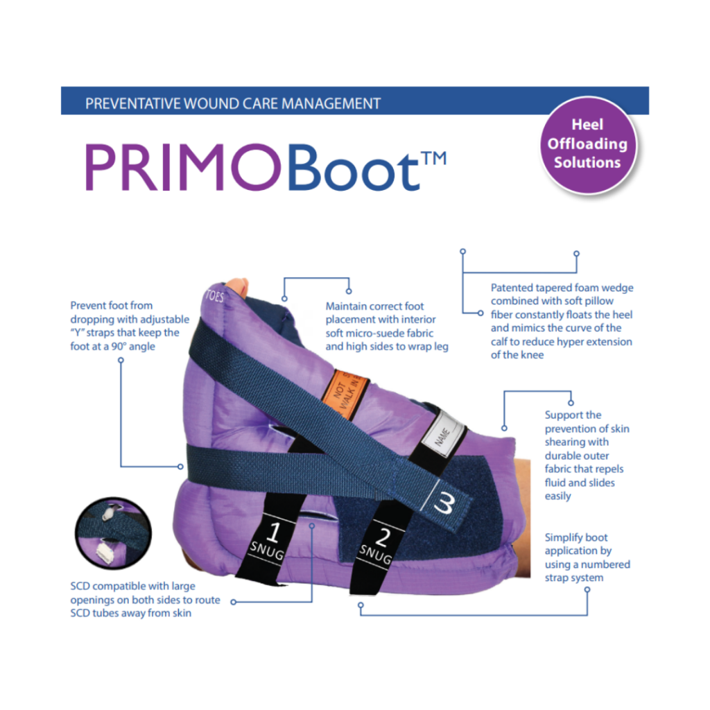 PRIMO Boot, clinically designed with an internal tapered foam wedge, consistently offloads the heel providing the ultimate protection against heel pressure injuries.