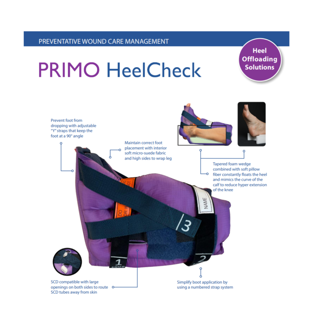 PRIMO HeelCheck offloading heel boot is designed for an easy heel check. Clinically designed to increase compliance, plantar panels open to assess the skin, check pulses, and cool the foot.