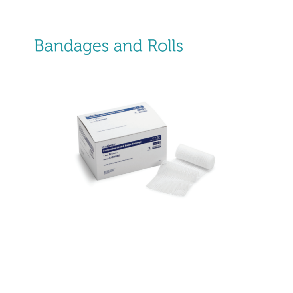 Includes conforming stretch gauze bandages and fluff gauze bandage rolls,