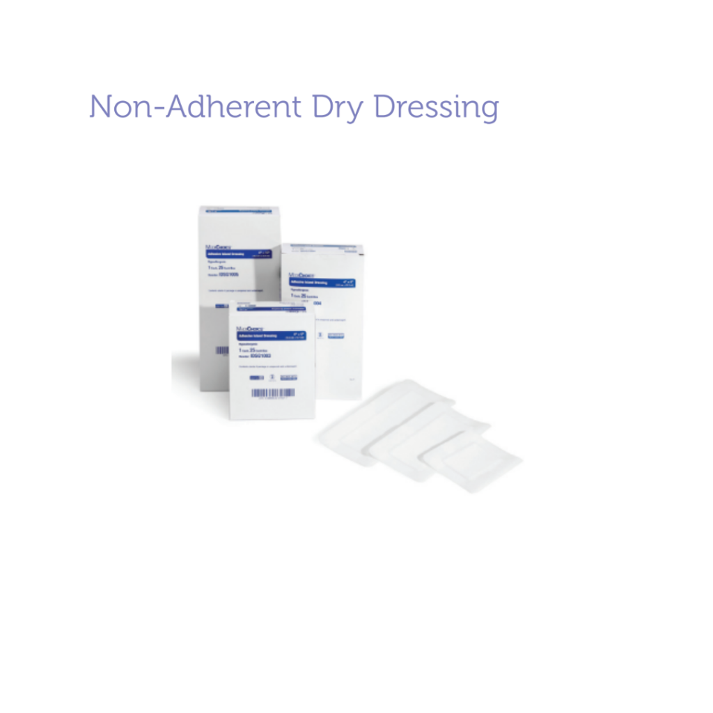 Non-adherent dry dressings include adhesive island dressings and non-adherent pads